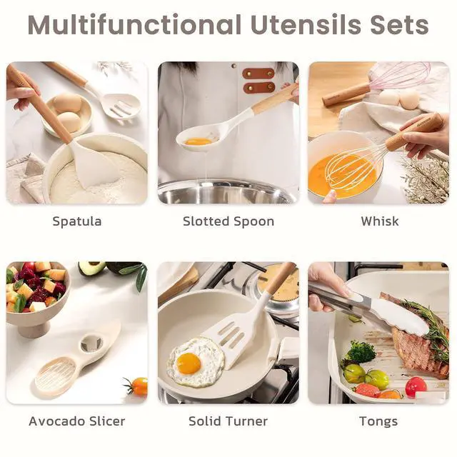 Alt view image 4 of 7 - Astercook Silicone Cooking Utensils Set, 38 PCS Kitchen Utensils Set for 446°F Heat Resistant, Food Grade Utensil Sets with Wooden Handle, Kitchen Gadgets for Nonstick Cookware BPA Free (White)