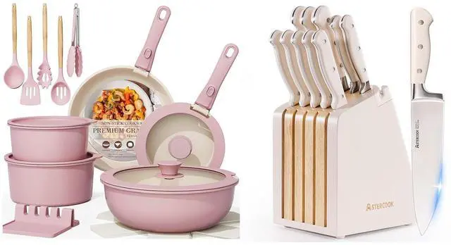 Main image of Astercook 21 Pcs Pots and Pans Set Non Stick and 12-Piece Full Tang Kitchen Knife Set with Block and Sharpener