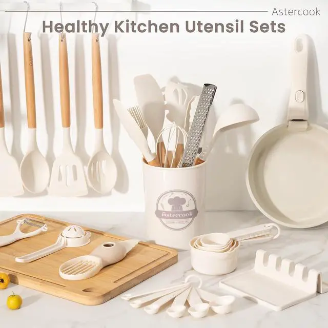 Alt view image 5 of 7 - Astercook Silicone Cooking Utensils Set, 38 PCS Kitchen Utensils Set for 446°F Heat Resistant, Food Grade Utensil Sets with Wooden Handle, Kitchen Gadgets for Nonstick Cookware BPA Free (White)