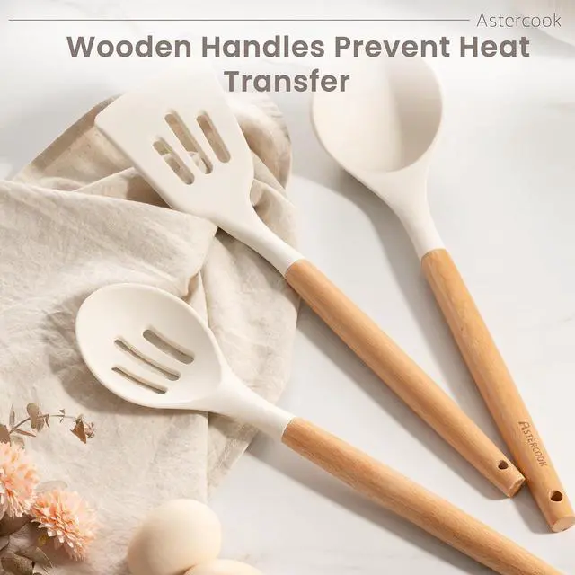 Alt view image 6 of 7 - Astercook Silicone Cooking Utensils Set, 38 PCS Kitchen Utensils Set for 446°F Heat Resistant, Food Grade Utensil Sets with Wooden Handle, Kitchen Gadgets for Nonstick Cookware BPA Free (White)