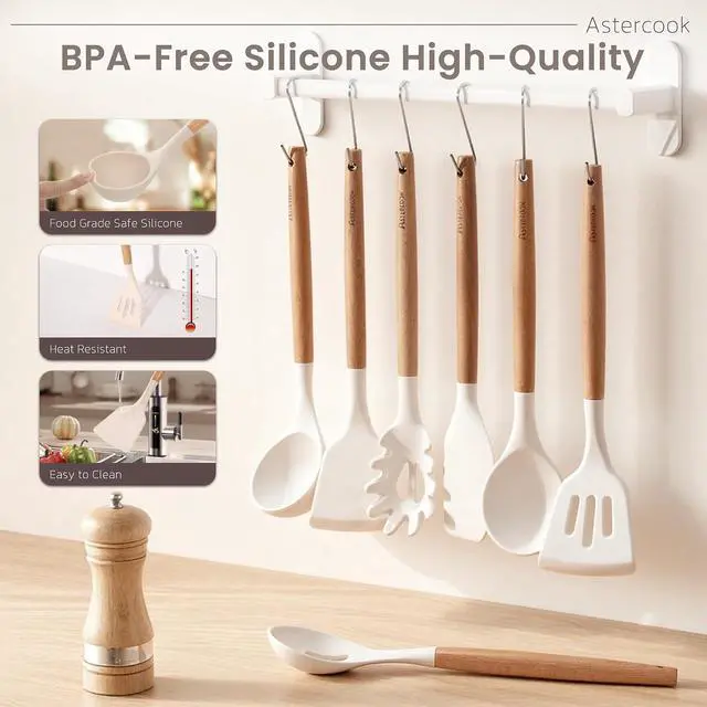 Alt view image 7 of 7 - Astercook Silicone Cooking Utensils Set, 38 PCS Kitchen Utensils Set for 446°F Heat Resistant, Food Grade Utensil Sets with Wooden Handle, Kitchen Gadgets for Nonstick Cookware BPA Free (White)