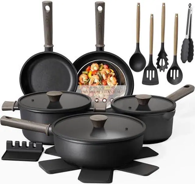 Alt view image 2 of 7 - Astercook Non Stick Pots and Pans Set Healthy Non-Toxic Titanium Induction Kitchen Cookware Sets and Astercook 13-Piece Kitchen Knife Set with Black Anti-Rust Coating Stainless Steel Chef Knives Set