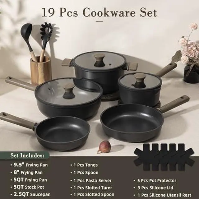 Alt view image 3 of 7 - Astercook Non Stick Pots and Pans Set Healthy Non-Toxic Titanium Induction Kitchen Cookware Sets and Astercook 13-Piece Kitchen Knife Set with Black Anti-Rust Coating Stainless Steel Chef Knives Set