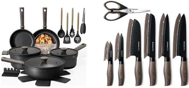 Main image of Astercook Non Stick Pots and Pans Set Healthy Non-Toxic Titanium Induction Kitchen Cookware Sets and Astercook 13-Piece Kitchen Knife Set with Black Anti-Rust Coating Stainless Steel Chef Knives Set
