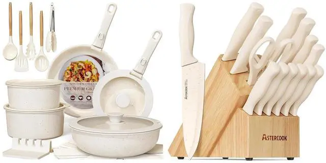 Main image of Astercook Ceramic Non-stick Cookware 21 Pcs Pots and Pans Set, and 15 Pcs Kitchen Knife Set with Sharpener Block, Anti-Rust Coating, Elegant Cream White