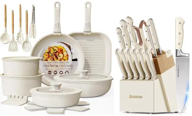 Main image of Astercook 23 Pcs Pots and Pans Set Non Stick with Detachable Handle, and 14-Piece Full Tang Kitchen Knife Set with Block Sharpener