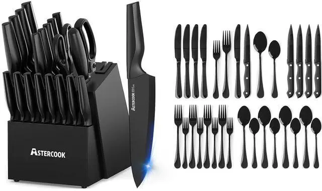 Main image of Knife Set, Astercook 21 Pieces Knife Sets for Kitchen with Block and 24-Piece Black Silverware Set with Steak Knives