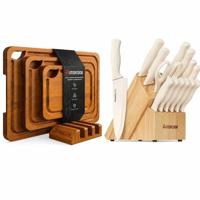 Main image of Astercook Deep-Carbonized Bamboo Cutting Boards with 15 Pieces Kitchen Knife Set with Sharpener Block