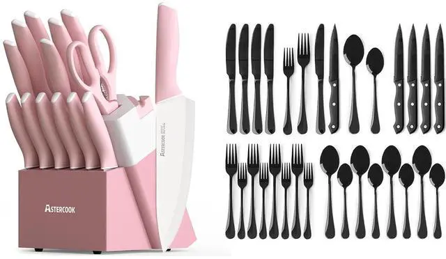 Main image of Astercook Knife Set with Block and Sharpener 15 Pcs and 24-Piece Black Silverware Set with Steak Knives Flatware Set for 4