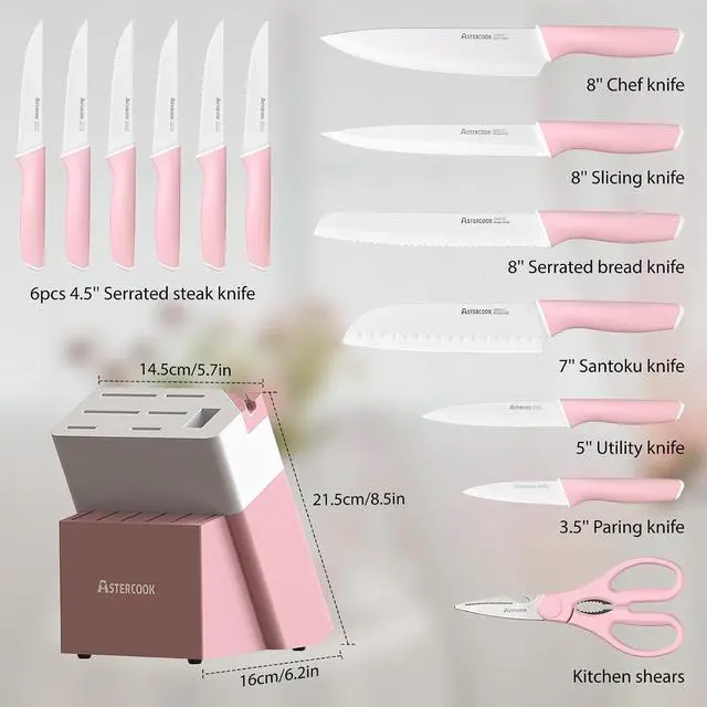 Alt view image 5 of 7 - Astercook Knife Set with Block and Sharpener 15 Pcs and 24-Piece Black Silverware Set with Steak Knives Flatware Set for 4