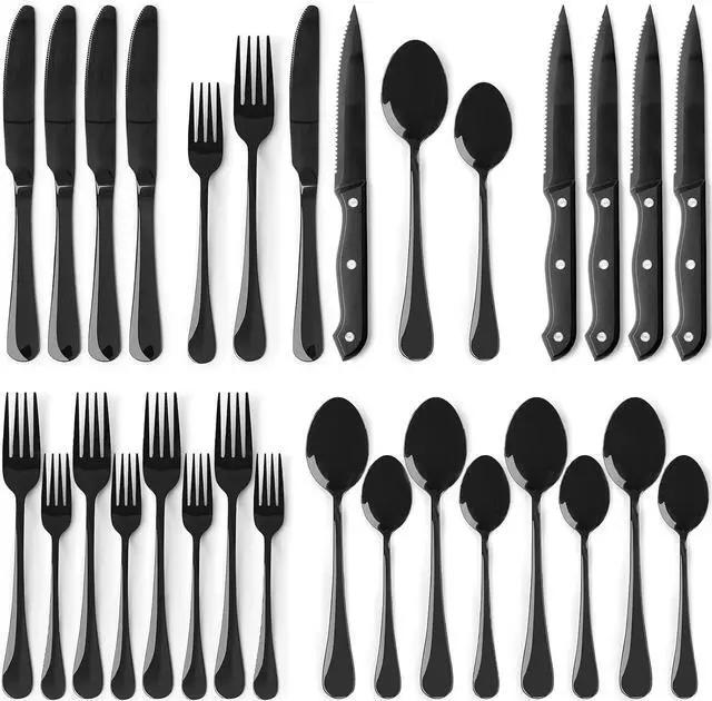 Alt view image 6 of 7 - Astercook Knife Set with Block and Sharpener 15 Pcs and 24-Piece Black Silverware Set with Steak Knives Flatware Set for 4