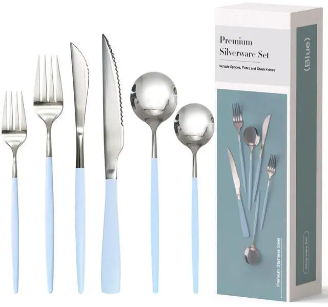 Main image of Astercook 25-Pieces Silverware Set with Steak Knives for 4 - Great Food-Grade Stainless Steel Flatware Set, Mirror-polished Cutlery Utensil Sets, Ideal for Home Restaurant & Banquet Use Blue