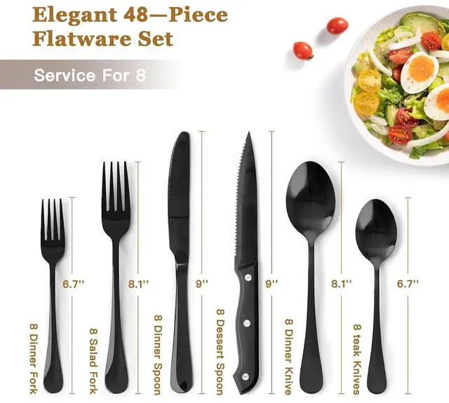 Alt view image 2 of 7 - Astercook 49-Pieces Black Silverware Set with Steak Knives, Black Flatware Set for 8, Food-Grade 410 Stainless Steel Tableware Cutlery Set, Eating Mirror Polished Utensil Set for Home Restaurant