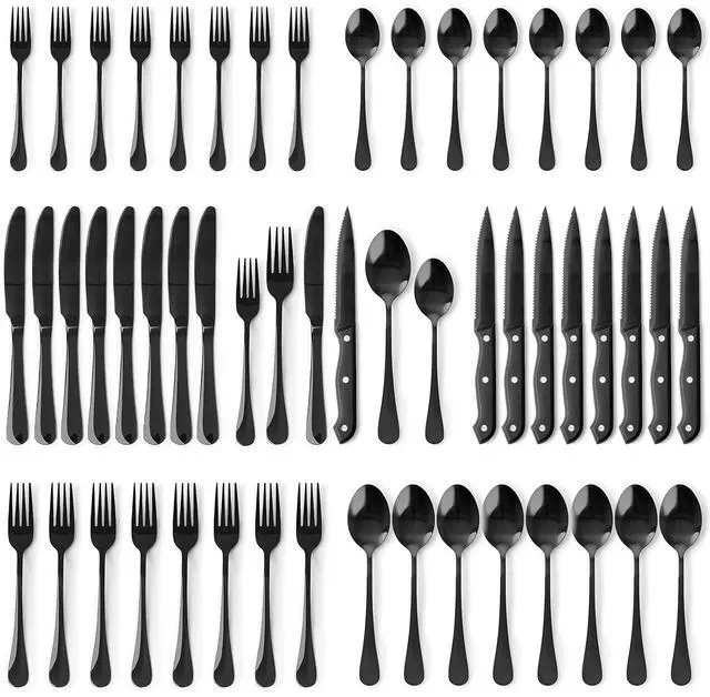 Main image of Astercook 49-Pieces Black Silverware Set with Steak Knives, Black Flatware Set for 8, Food-Grade 410 Stainless Steel Tableware Cutlery Set, Eating Mirror Polished Utensil Set for Home Restaurant
