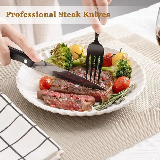 Alt view image 3 of 7 - Astercook 49-Pieces Black Silverware Set with Steak Knives, Black Flatware Set for 8, Food-Grade 410 Stainless Steel Tableware Cutlery Set, Eating Mirror Polished Utensil Set for Home Restaurant