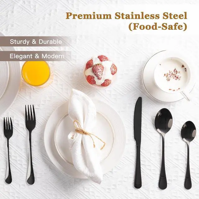 Alt view image 4 of 7 - Astercook 49-Pieces Black Silverware Set with Steak Knives, Black Flatware Set for 8, Food-Grade 410 Stainless Steel Tableware Cutlery Set, Eating Mirror Polished Utensil Set for Home Restaurant
