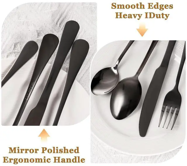 Alt view image 6 of 7 - Astercook 49-Pieces Black Silverware Set with Steak Knives, Black Flatware Set for 8, Food-Grade 410 Stainless Steel Tableware Cutlery Set, Eating Mirror Polished Utensil Set for Home Restaurant