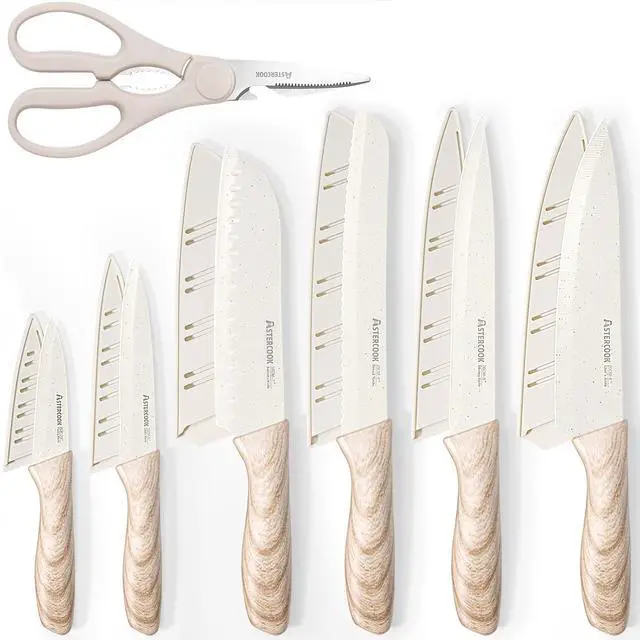 Alt view image 6 of 7 - Astercook 15 Pcs Knife Set with Block and Sharpener Ceramic Coating 13 Pieces Kitchen Knives Set with 6 Blade Guards