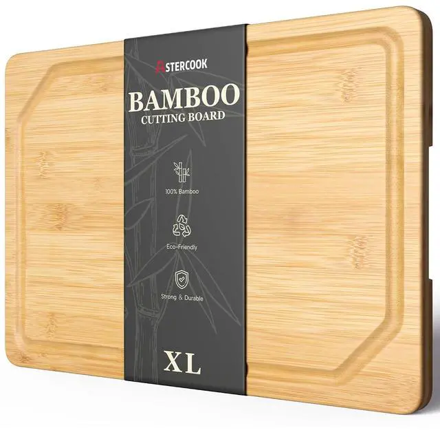Main image of Astercook Bamboo Cutting Board for Kitchen, Large Natural Wood Chopping Board with Juice Groove and Built-in Handles, Knife-Friendly Charcuterie Board for Meat, Vegetables, Fruit and Cheese 12" x 17"