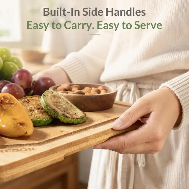Alt view image 2 of 7 - Astercook Bamboo Cutting Board for Kitchen, Large Natural Wood Chopping Board with Juice Groove and Built-in Handles, Knife-Friendly Charcuterie Board for Meat, Vegetables, Fruit and Cheese 12" x 17"