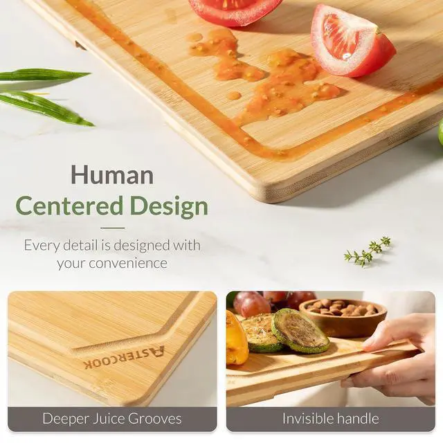 Alt view image 3 of 7 - Astercook Bamboo Cutting Board for Kitchen, Large Natural Wood Chopping Board with Juice Groove and Built-in Handles, Knife-Friendly Charcuterie Board for Meat, Vegetables, Fruit and Cheese 12" x 17"