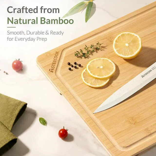 Alt view image 4 of 7 - Astercook Bamboo Cutting Board for Kitchen, Large Natural Wood Chopping Board with Juice Groove and Built-in Handles, Knife-Friendly Charcuterie Board for Meat, Vegetables, Fruit and Cheese 12" x 17"