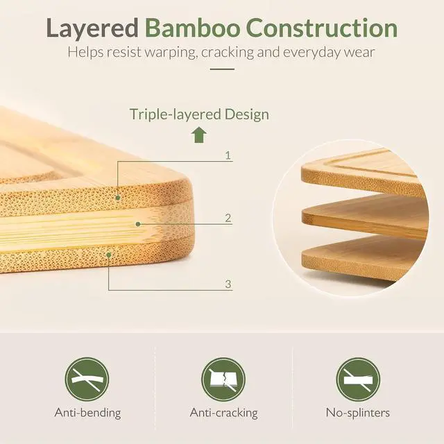 Alt view image 5 of 7 - Astercook Bamboo Cutting Board for Kitchen, Large Natural Wood Chopping Board with Juice Groove and Built-in Handles, Knife-Friendly Charcuterie Board for Meat, Vegetables, Fruit and Cheese 12" x 17"