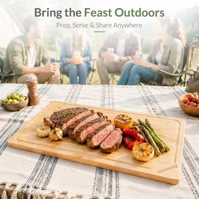 Alt view image 7 of 7 - Astercook Bamboo Cutting Board for Kitchen, Large Natural Wood Chopping Board with Juice Groove and Built-in Handles, Knife-Friendly Charcuterie Board for Meat, Vegetables, Fruit and Cheese 12" x 17"