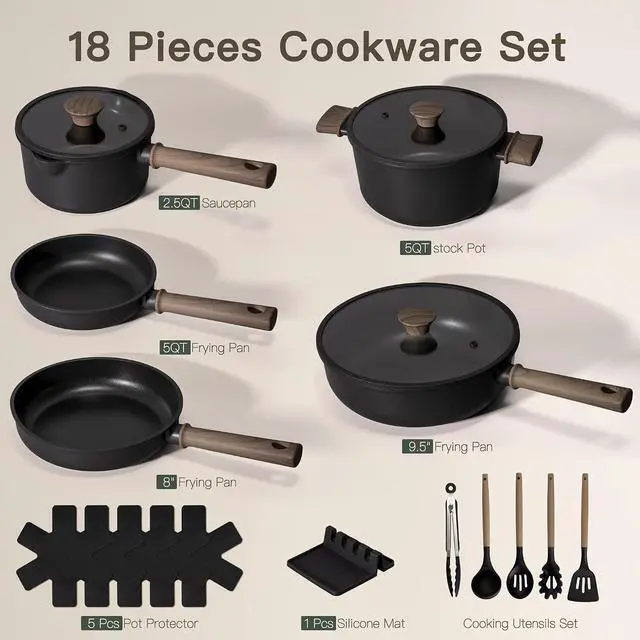 Alt view image 2 of 7 - Astercook 18-Piece Pots and Pans Set, Black Titanium Induction Nonstick Cookware Set, Oven Safe to 480°F, Induction Compatible & Dishwasher Safe, Kitchen Cooking Set for RV Trips, Camping and Picnic