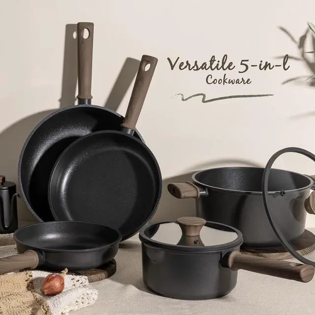 Alt view image 4 of 7 - Astercook 18-Piece Pots and Pans Set, Black Titanium Induction Nonstick Cookware Set, Oven Safe to 480°F, Induction Compatible & Dishwasher Safe, Kitchen Cooking Set for RV Trips, Camping and Picnic