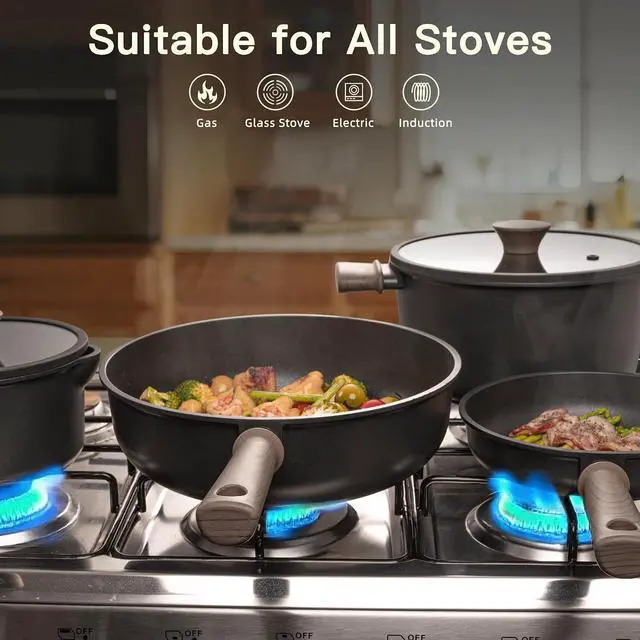 Alt view image 6 of 7 - Astercook 18-Piece Pots and Pans Set, Black Titanium Induction Nonstick Cookware Set, Oven Safe to 480°F, Induction Compatible & Dishwasher Safe, Kitchen Cooking Set for RV Trips, Camping and Picnic