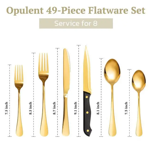 Alt view image 2 of 7 - Astercook 49-Piece Gold Silverware Set with Steak Knives, Flatware Tableware Set for 8, Great Food-Grade Stainless Steel Cutlery Set, Mirror Polished Dining Utensils Set, Perfect for Home Restaurant