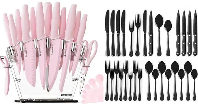 Main image of Astercook Knife Set with Block and Sharpener 22 Pcs and 24-Piece Black Silverware Set with Steak Knives Flatware Set for 4