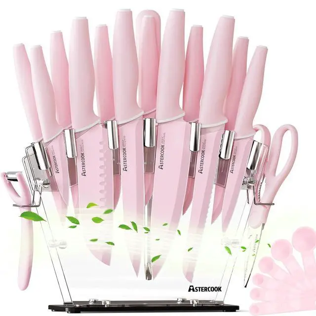 Alt view image 2 of 7 - Astercook Knife Set with Block and Sharpener 22 Pcs and 24-Piece Black Silverware Set with Steak Knives Flatware Set for 4