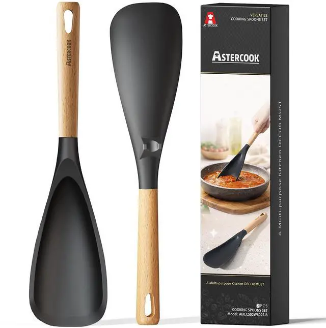Main image of Astercook 2 Pack Silicone Cooking Spoons for Nonstick Cookware, Heat Resistant BPA-Free Spatula Spoon Set with Wood Handle & Built-in Spoon Rest, Kitchen Utensils for Stirring, Scooping, Serving