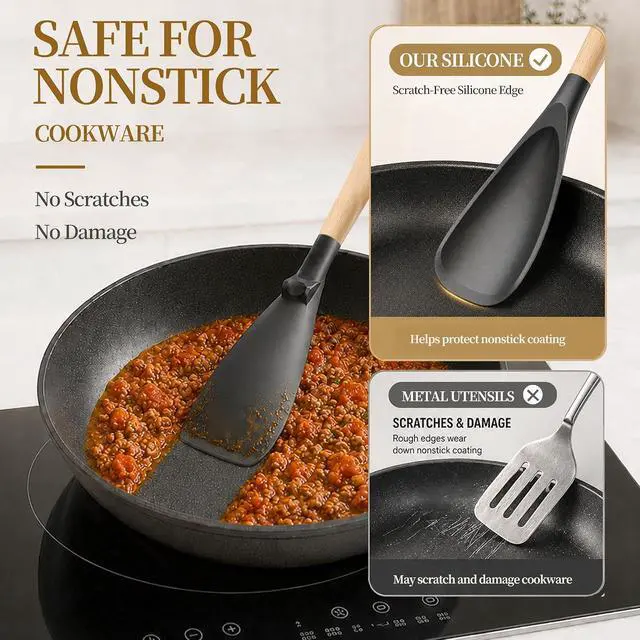 Alt view image 2 of 7 - Astercook 2 Pack Silicone Cooking Spoons for Nonstick Cookware, Heat Resistant BPA-Free Spatula Spoon Set with Wood Handle & Built-in Spoon Rest, Kitchen Utensils for Stirring, Scooping, Serving