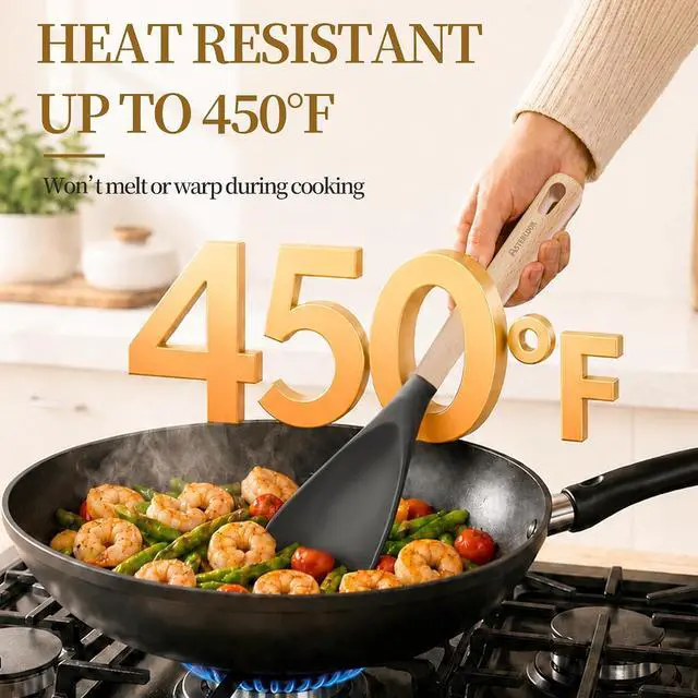 Alt view image 3 of 7 - Astercook 2 Pack Silicone Cooking Spoons for Nonstick Cookware, Heat Resistant BPA-Free Spatula Spoon Set with Wood Handle & Built-in Spoon Rest, Kitchen Utensils for Stirring, Scooping, Serving