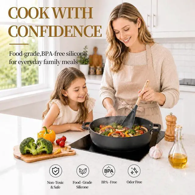 Alt view image 4 of 7 - Astercook 2 Pack Silicone Cooking Spoons for Nonstick Cookware, Heat Resistant BPA-Free Spatula Spoon Set with Wood Handle & Built-in Spoon Rest, Kitchen Utensils for Stirring, Scooping, Serving