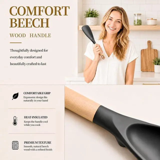 Alt view image 5 of 7 - Astercook 2 Pack Silicone Cooking Spoons for Nonstick Cookware, Heat Resistant BPA-Free Spatula Spoon Set with Wood Handle & Built-in Spoon Rest, Kitchen Utensils for Stirring, Scooping, Serving