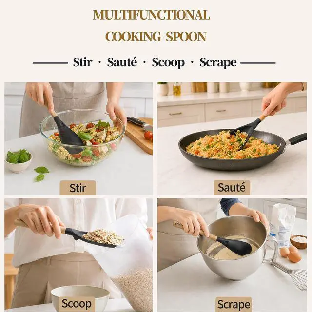 Alt view image 7 of 7 - Astercook 2 Pack Silicone Cooking Spoons for Nonstick Cookware, Heat Resistant BPA-Free Spatula Spoon Set with Wood Handle & Built-in Spoon Rest, Kitchen Utensils for Stirring, Scooping, Serving