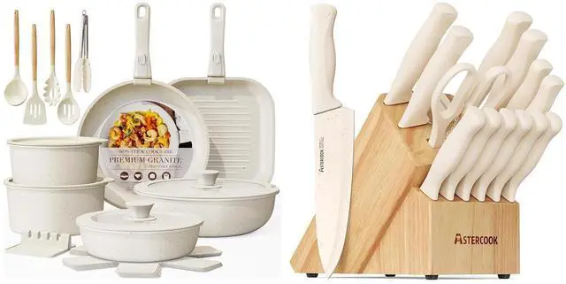 Main image of Astercook 23 Pcs Pots and Pans Non Stick Ceramic Cookware Set, and 15 Pcs Kitchen Knife Set with Sharpener Block, Anti-Rust Coating, Cream White