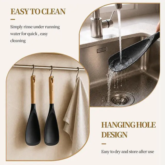 Alt view image 6 of 7 - Astercook 2 Pack Silicone Cooking Spoons for Nonstick Cookware, Heat Resistant BPA-Free Spatula Spoon Set with Wood Handle & Built-in Spoon Rest, Kitchen Utensils for Stirring, Scooping, Serving