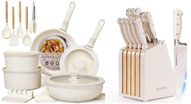 Main image of Astercook 21 Pcs Pots and Pans Set Non Stick and 12-Piece Full Tang Kitchen Knife Set with Block and Sharpener