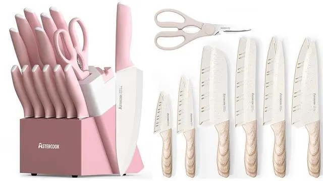 Main image of Astercook 15 Pcs Knife Set with Block and Sharpener Ceramic Coating 13 Pieces Kitchen Knives Set with 6 Blade Guards