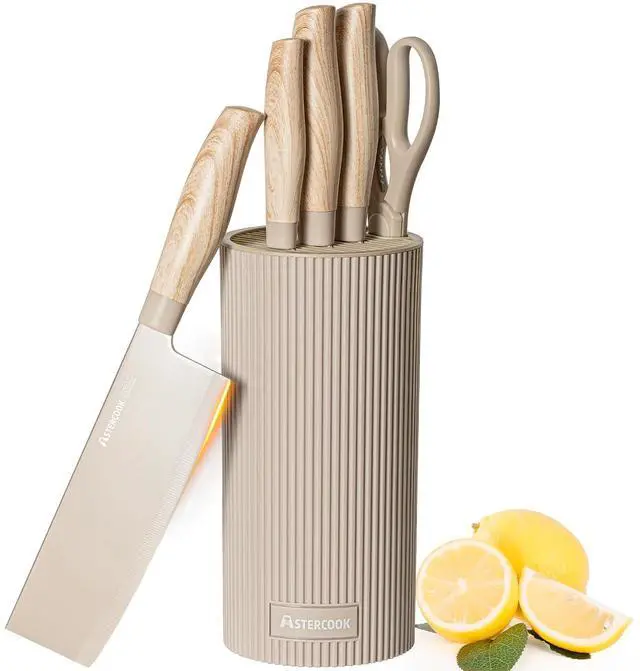 Main image of Astercook Knife Set, 6-Piece Kitchen Knives Set with Block & Non-Stick Healthy Coating, Stainless Steel Chef Knives with Anti-Slip Ergonomic Handle, Dishwasher Safe, Perfect Kitchen Home Gifts, Beige