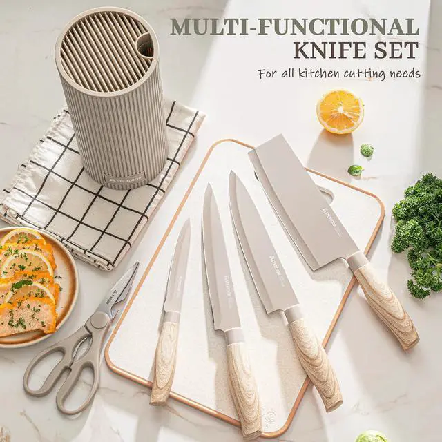 Alt view image 2 of 7 - Astercook Knife Set, 6-Piece Kitchen Knives Set with Block & Non-Stick Healthy Coating, Stainless Steel Chef Knives with Anti-Slip Ergonomic Handle, Dishwasher Safe, Perfect Kitchen Home Gifts, Beige