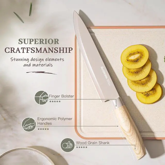 Alt view image 6 of 7 - Astercook Knife Set, 6-Piece Kitchen Knives Set with Block & Non-Stick Healthy Coating, Stainless Steel Chef Knives with Anti-Slip Ergonomic Handle, Dishwasher Safe, Perfect Kitchen Home Gifts, Beige