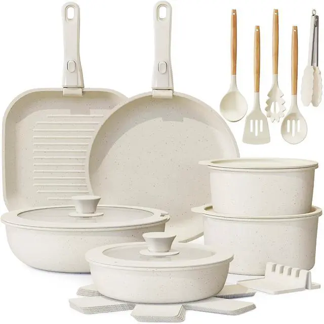 Main image of Ceramic Cookware Set with Detachable Handles, 22-Piece Non-Stick Pots and Pans, Stackable Kitchen Set, Cream White
