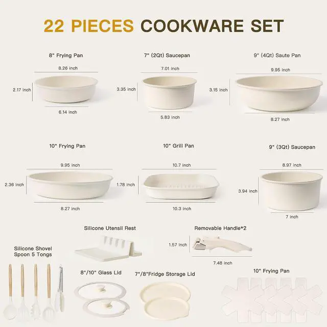 Alt view image 7 of 7 - Ceramic Cookware Set with Detachable Handles, 22-Piece Non-Stick Pots and Pans, Stackable Kitchen Set, Cream White