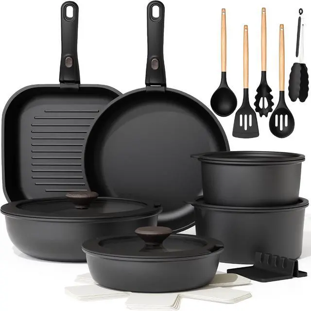 Main image of Astercook 22 Piece Pots and Pans Set Non Stick, Cookware Set with Detachable Handles, Induction Compatible & Oven Safe, Stackable Space-Saving Kitchen Cooking Set for RV, Camping & Home, Black